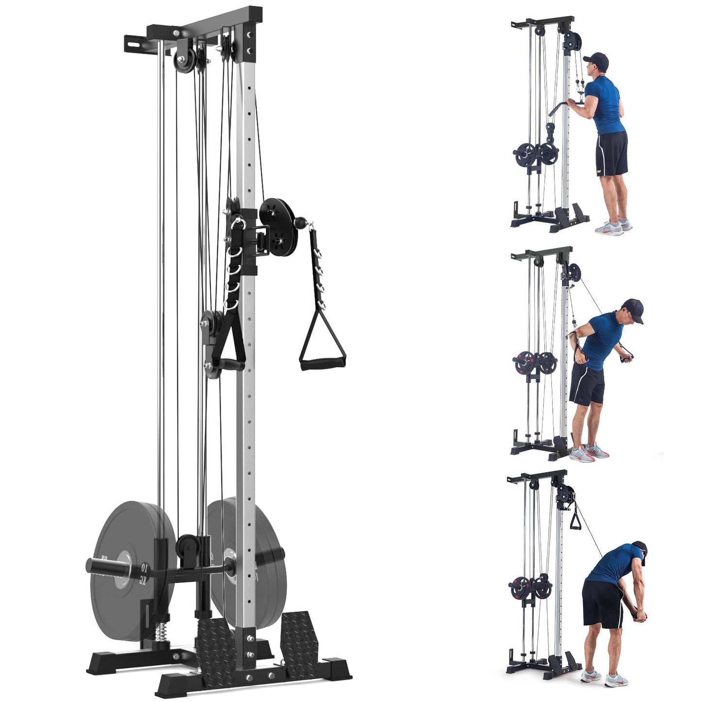 Wall Mount Cable Machine - Dual Pulley Cable Crossover System with 20 Adjustable Positions for LAT Pulldown, Row & Total Body Training | Includes LAT Bar, Tricep Rope, t-Bar & Foot Board for Home Gym