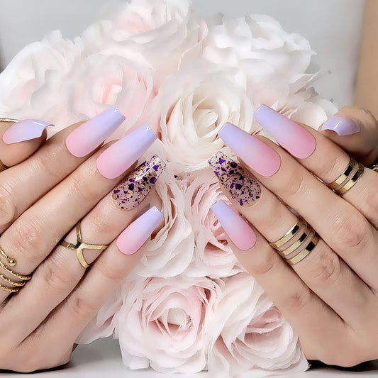 Hypnaughty Rio 24pcs Long Coffin Press-on Nails, Pink to Purple Ombre with Transparent Gold Design, ABS Material, Full Set with Glue