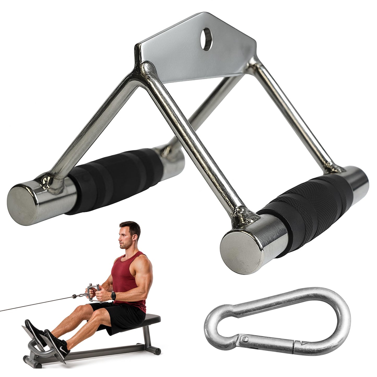 MuscleForge Double D Handle Cable Attachment – V Bar Attachment for LAT Pulldown, Tricep & Rows – Cable Machine Attachments with Non-Slip Rubber Grip – Chrome, Heavy Duty 880lbs Capacity