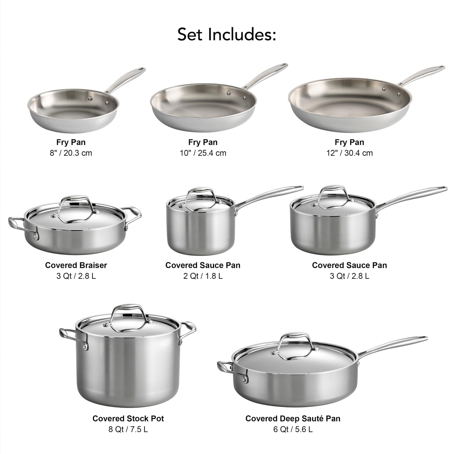 Tramontina Signature Tri-Ply Clad Stainless Steel 13-Piece Cookware Set with Lids, Pots and Pans Kitchen Set, Induction-Ready, Dishwasher-Safe, NSF-Certified
