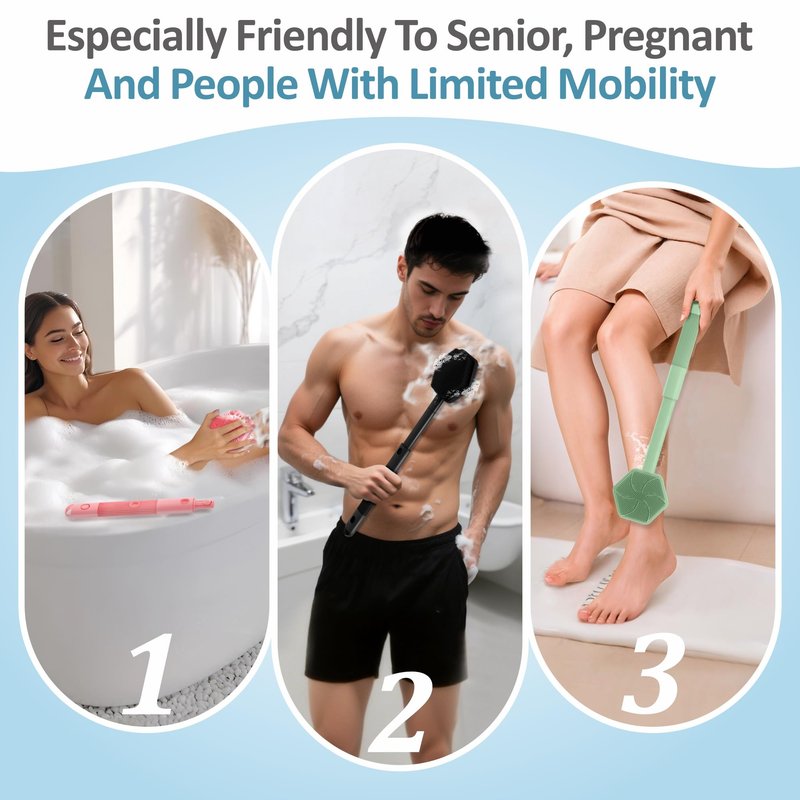 GEENOA Silicone Back Scrubber & Soft Bath Glove 2PCS, 16''- 21''Extendable Back Scrubber with Dual-Side Large Head, 360° Anti-Slip Hand-fit Silicone Body Scrubber for Rich Foaming Deep Cleaning(Black)