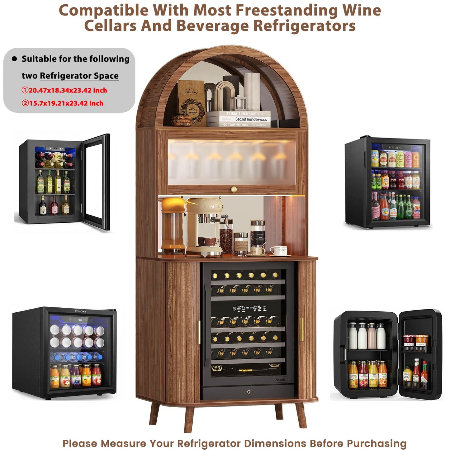 LVB 73" Tall Arched Bar Cabinet with Fridge Space, Mid-Century Fluted Coffee Bar Cabinet with Storage, Home Bar with LED Light, Wine Liquor Cabinet with Mirrored for Kitchen Dining Living Room, Walnut