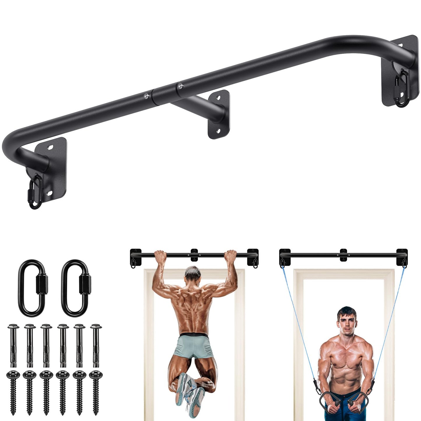 SELEWARE Heavy Duty Wall Mount Pull Up Bar, 450LB Capacity Joist Mount Chin Up Bar for Doorway, Sturdy Steel Construction, w/Resistance Band Hooks, Fits 32" Wall Studs for Home Gym Strength Training"