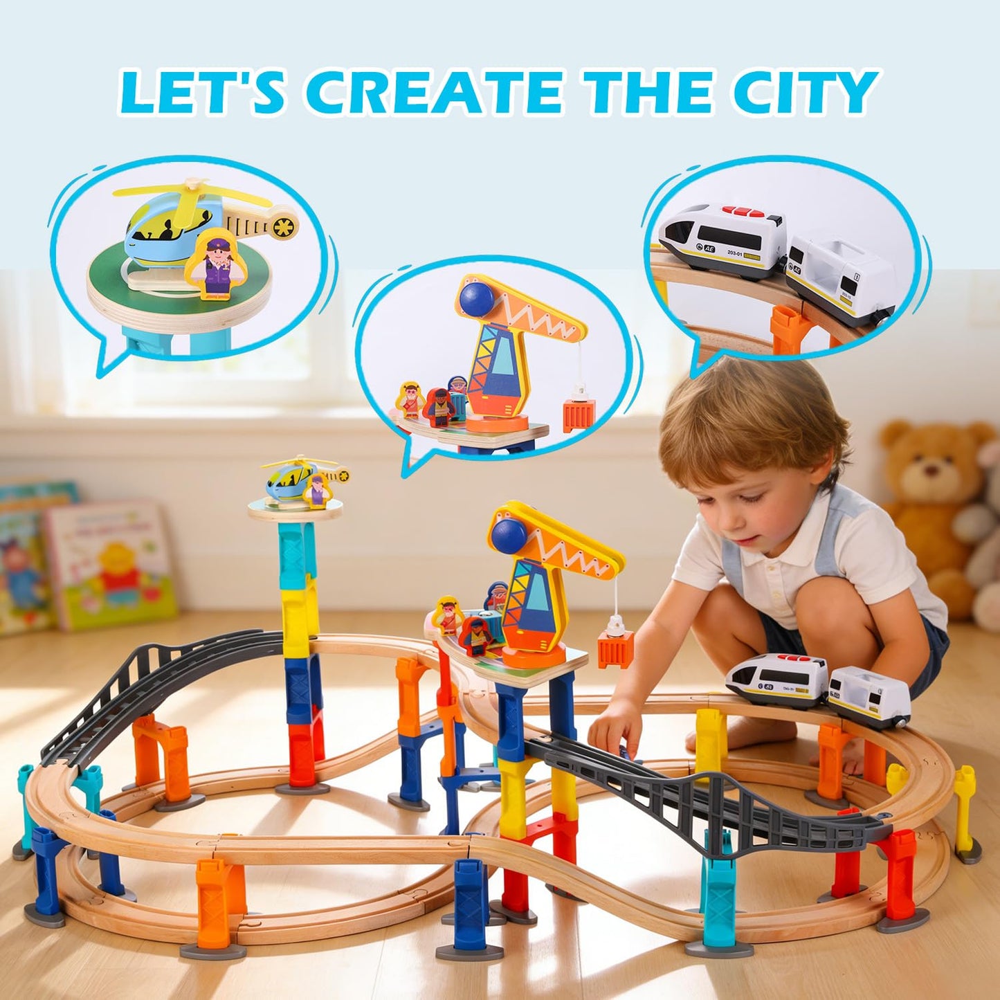 60Pcs Wooden Train Track Set, 203-inch Track Length, Train Bridge Toy Set for Toddlers, Scenario Building Blocks Toddler Toys with Airplane and Magnetic Crane, Birthday Gift Ideas for Boys and Girls