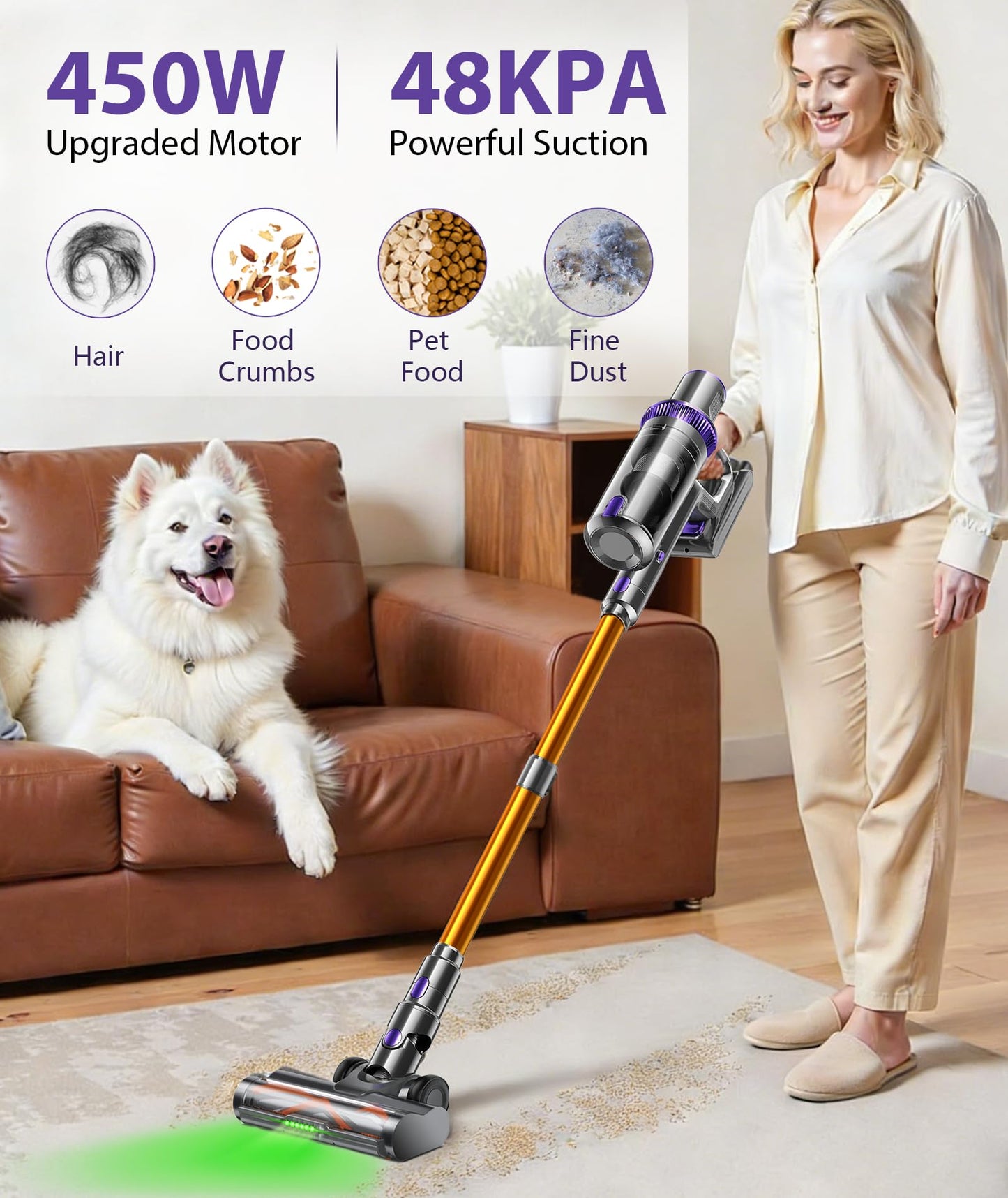 Cordless Vacuum Cleaner, 600W 55KPA 60Mins Vacuum Cleaners for Home,Anti-tangle Wireless Vacumm,Rechargeable Vacuum With Green Light,Powerful Stick Vacuum for Carpet/Hardwood Floors,Pet Hair,Purple