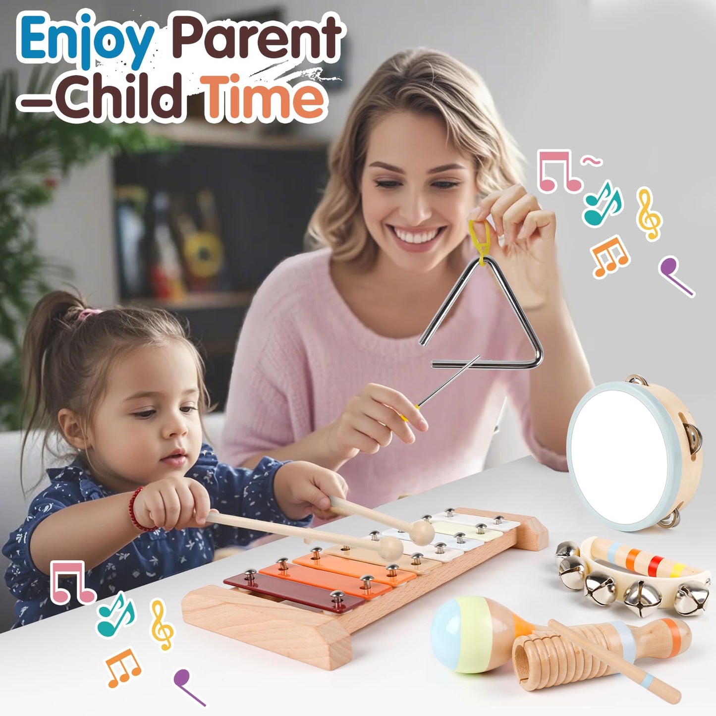 Wooden Toddler Musical Instruments Set, 9PCS Kids Montessori Toys, Baby Toys with Xylophone & Drum, Educational Gift for Ages 1, 2, 3 Year Olds
