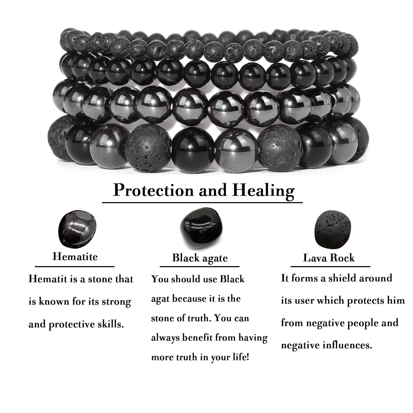 Vinswet 4pcs Natural Stone Beaded Bracelets for Women Men,Healing Crystal Gemstones Stretch Bracelet,4mm 6mm 8mm 10mm Hematite Hematite Lava Rock Anxiety Stress Relief Bracelet Jewelry Gifts