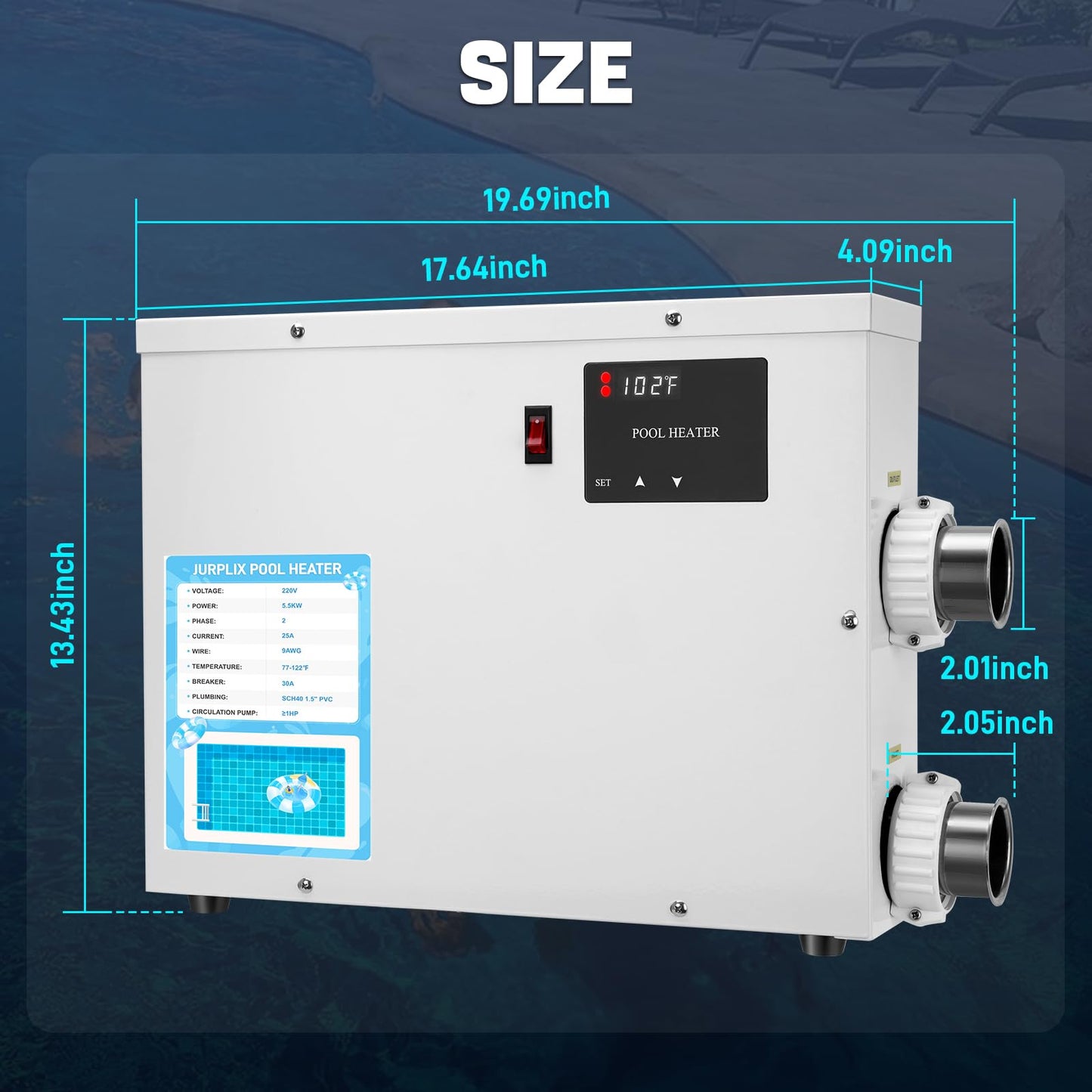 JURPLIX 5.5KW 220V 25A Electric Pool Heater for Swimming Pool, Hot Tub & Spa Heater with Digital Touch Screen Thermostat, Efficient Water Warmer, Above Inground Pool & Ground Pool