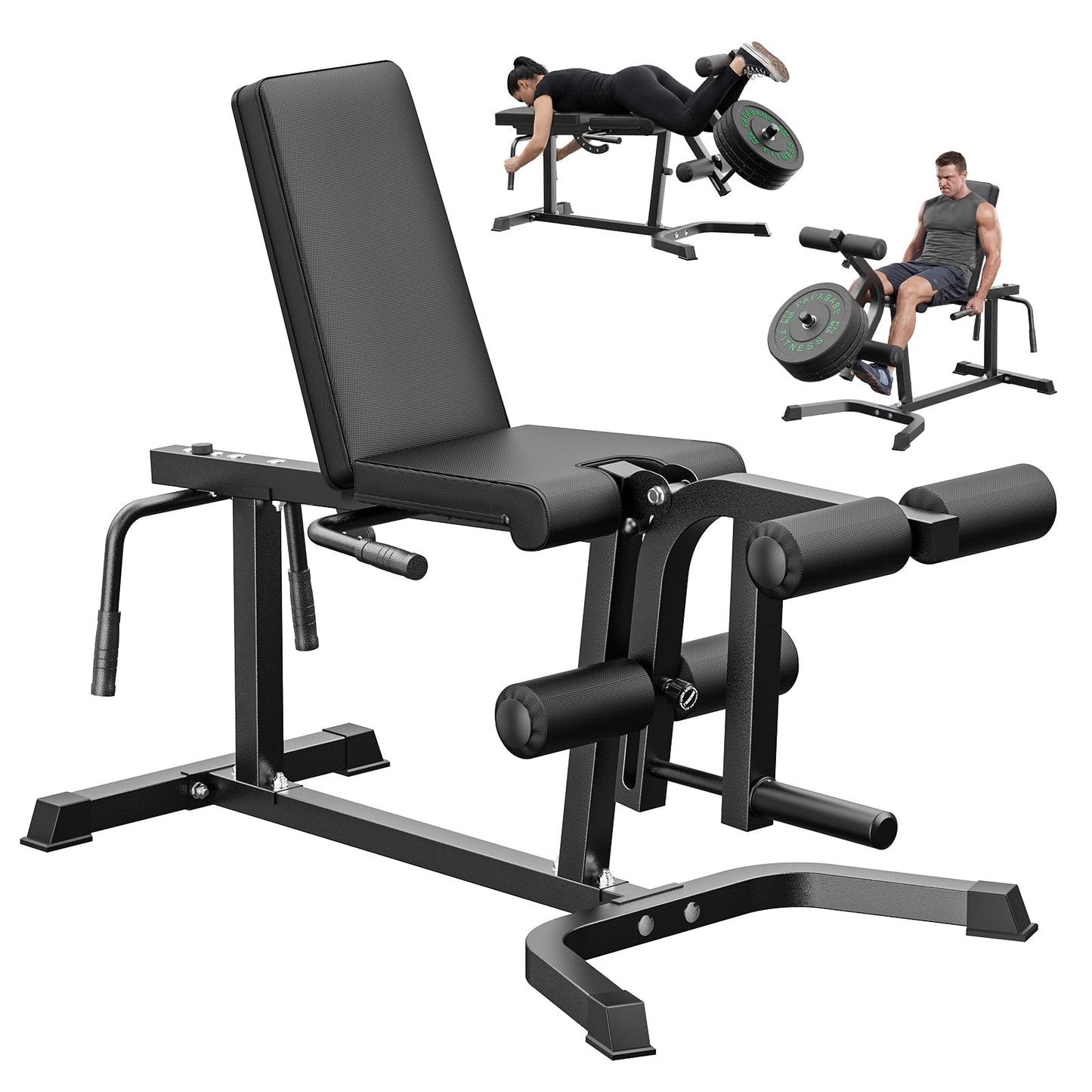 PAPABABE Leg Extension and Curl Machine, Adjustable Leg Machine, Seated Leg Extension and Lying Leg Curl Machine, Lower Body Workout Equipment for Home Gym, Compatible with 1'' and 2'' Weight Plates