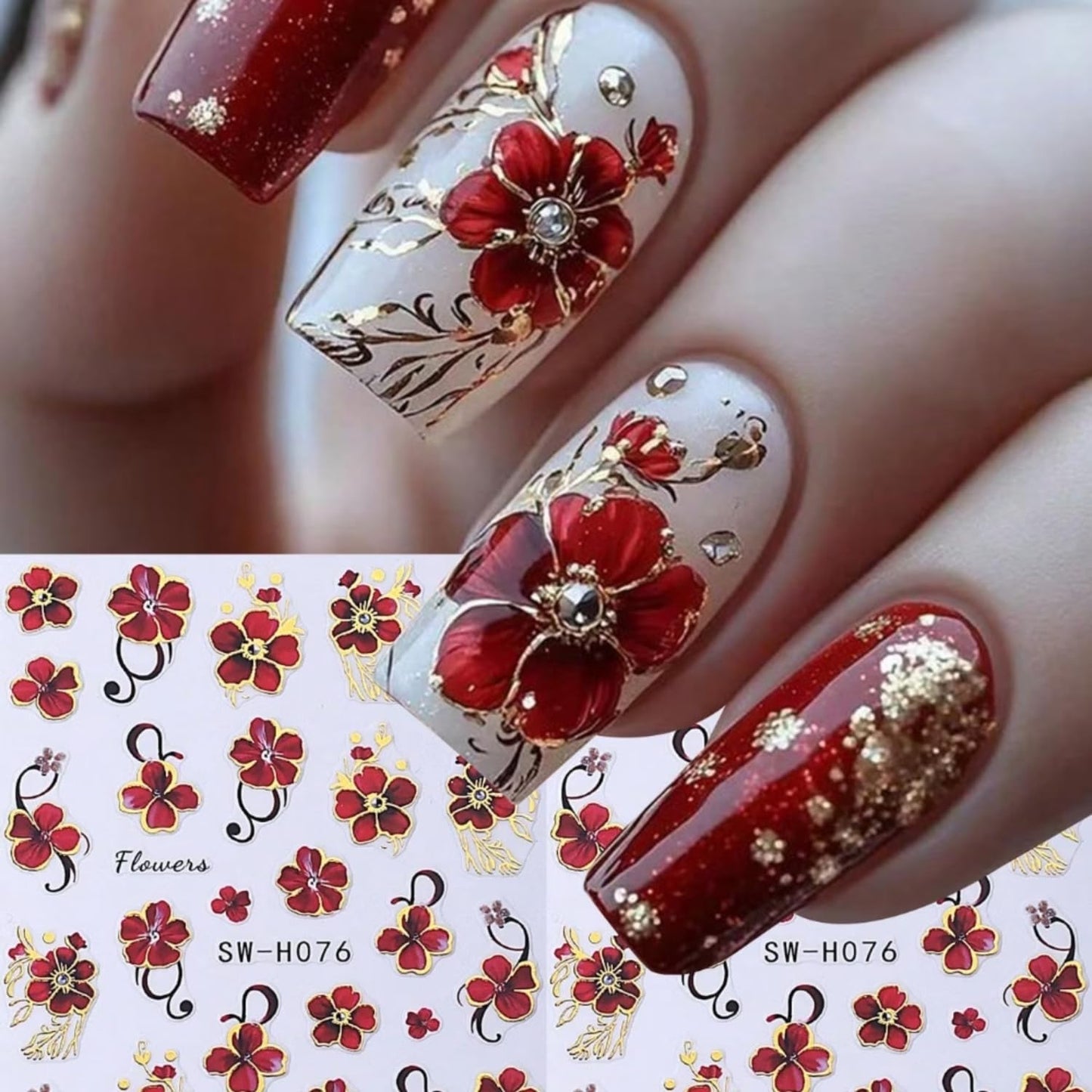 Red Flower Nail Art Sticker Decal 6Pcs 3D Elegant Self-Adhesive Nail Stickers Golden Trim Nail Decal Red Floral Nail Supply Spring Summer Flower Nails Design for Women Manicure DIY Decoration