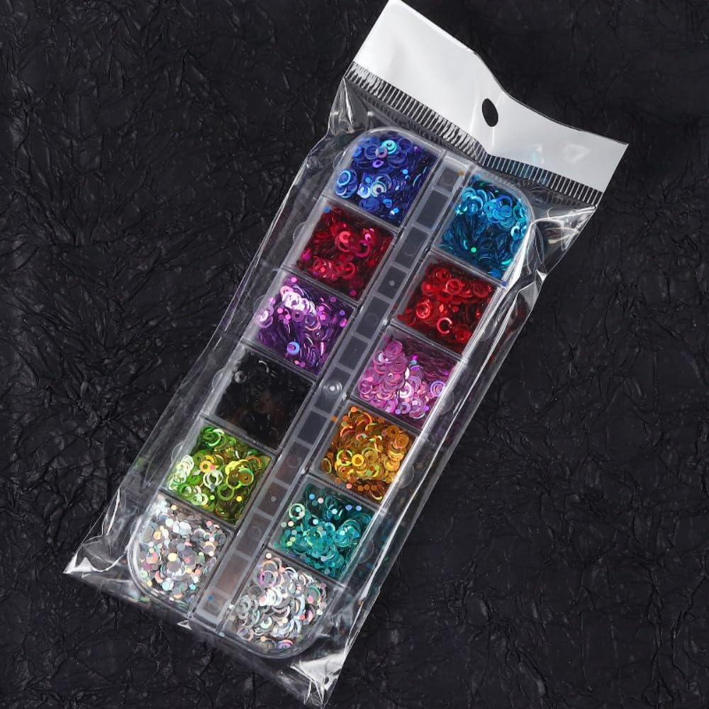 1 Box 12 Color Holographic Hollow Circle Nail Glitter Red Purple Nail Sequins 3D Laser Silver Nail Flakes Sparkly Powder Flakes Shiny Nail Glitter Colorful Nail Sequins Glitter for Nails Art 12 Grids