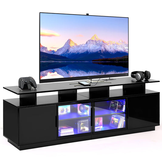 ansefe 70 Inch Black TV Stand with LED Lights, Power Strips, and USB Charging Station for Mobile Phones, Transparent Glass Door Storage Cabinet, Entertainment Center with Large Storage Space