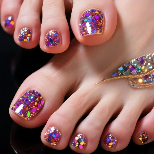 Rainbow Polka Dot Press on Toenails Short Square Fake Toe Nails Summer Toenail Press ons Colorful Acrylic Toe Press on Nails Full Cover Reusable Stick on Toenails for Women 24Pcs