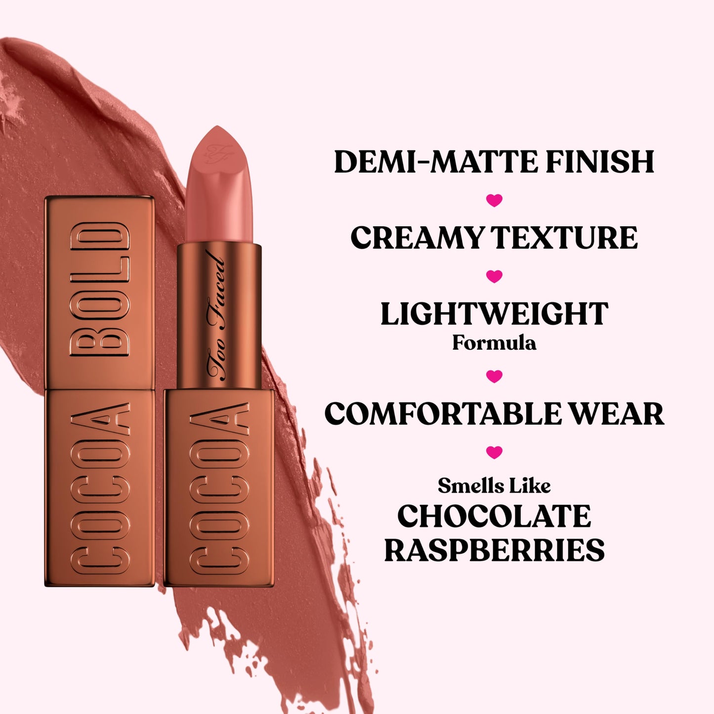 Too Faced Cocoa Bold Lipstick | Creamy, Nude Lipstick Shades with Demi-Matte Finish, 0.11 Ounce, Chocolate Strawberry