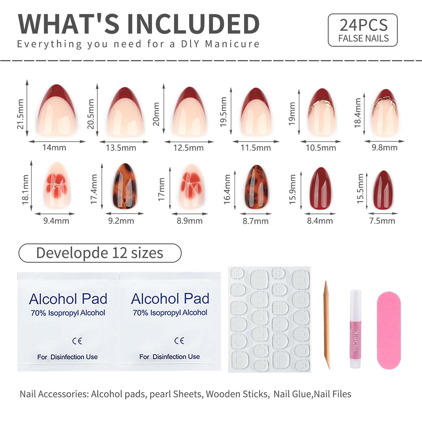 Stbisen French Short Oval Gel Press on Nails, Nude Fake Nails with Wine Red French Tip, Stick on Nails，Glue on Nails with Flower & Brown Tortoise Shell Design, Reusable Press on Nail for Women, 24PCS