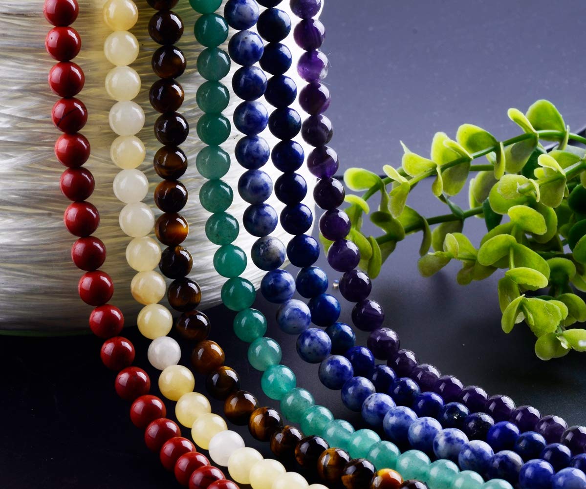 7 Chakra Natural Stone Beads Mixed 100pcs 8mm Round Genuine Real Stone Beading Loose Gemstone Amethyse Color DIY Smooth Beads for Bracelet Necklace Earrings Jewelry Making
