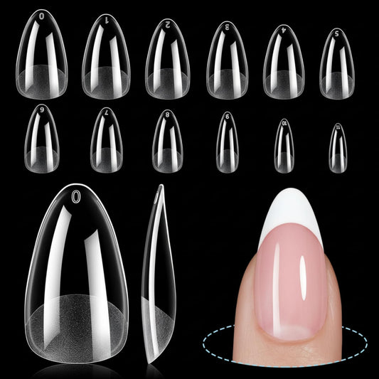 TOMICCA Medium Almond Nail Tips, 192Pcs 12 Sizes Acrylic Pre Buffed Medium Almond False Gel Tips, Full Cover Half Matte Nails for Nail Art Extension Press on Nails