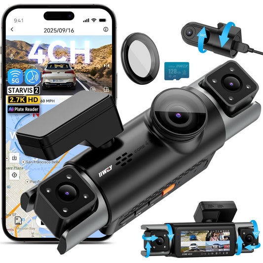 IIWEY 4 Channel Dash Cam 360° View, STARVIS 2 Front 2.7K Rear 2K Inside 1080P x2, 8IR LEDs Night Vision 3.0, PlateTag AI for Plate Clarity, 5GHz WiFi GPS, Voice Control, 24/7 Parking Mode, 128GB Card