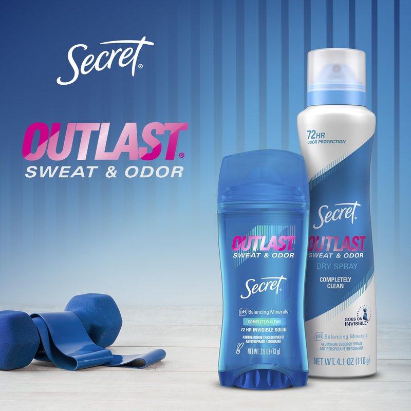 Secret Outlast Antiperspirant Deodorant for Women, 72hr Sweat & Odor Protection, PH Balancing Minerals, Invisible Solid, Completely Clean Scent, 2.6 oz (Pack of 2)