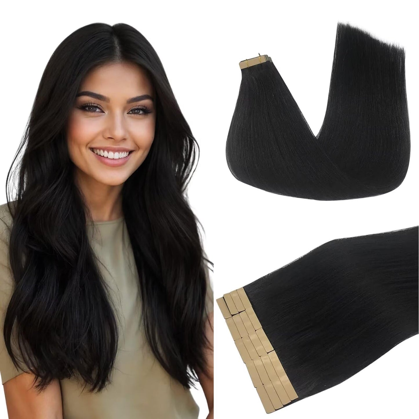 DOORES Tape in Hair Extensions Human Hair, 18 Inch 50g 20pcs Jet Black, Real Human Hair Extensions Tape in Remy Straight Skin Weft Double Side