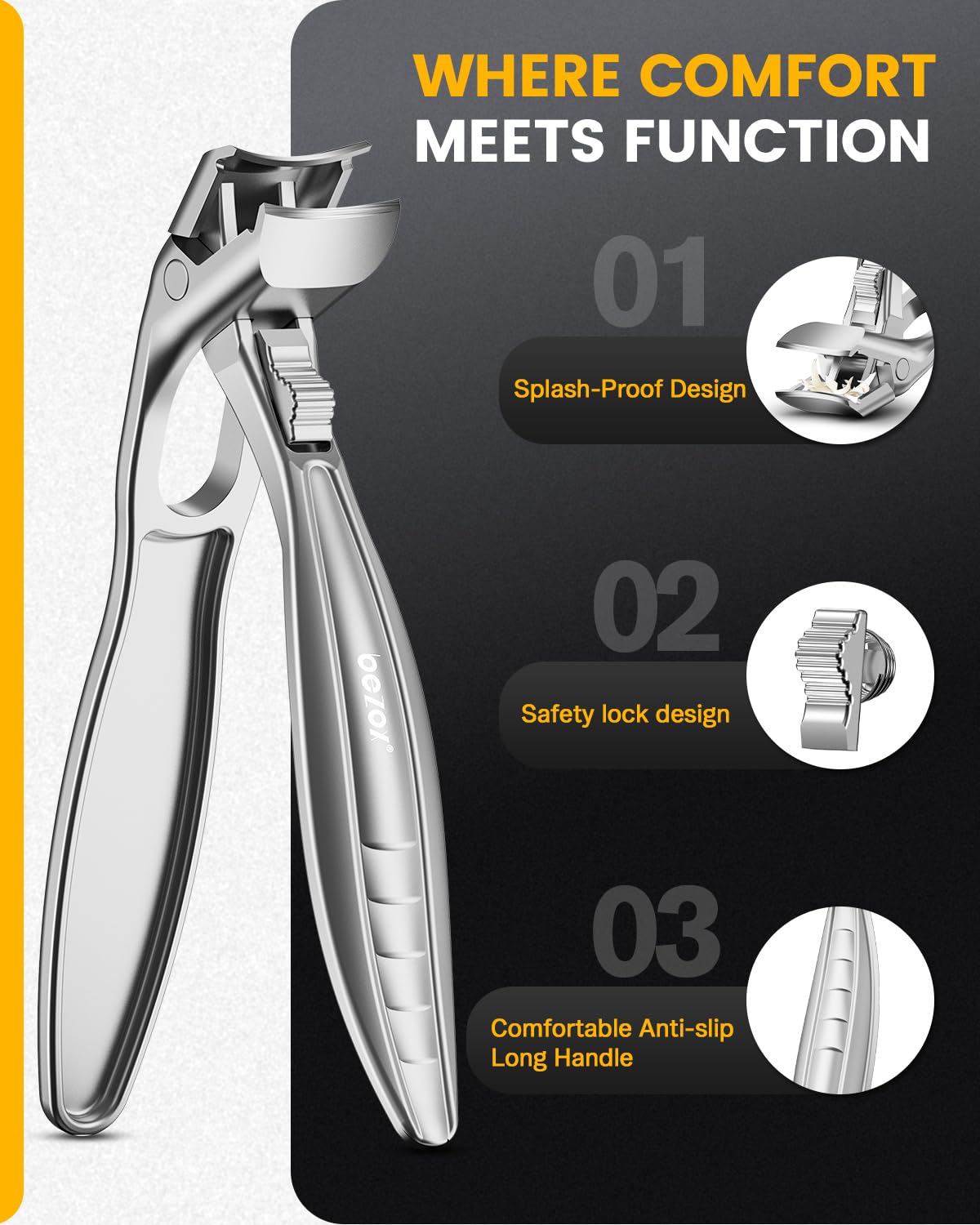 BEZOX Curved Toenail Clippers for Seniors – Safety Lock, Wide Opening, and Anti-Slip Grip Nail Clipper for Thick Nails - Silver