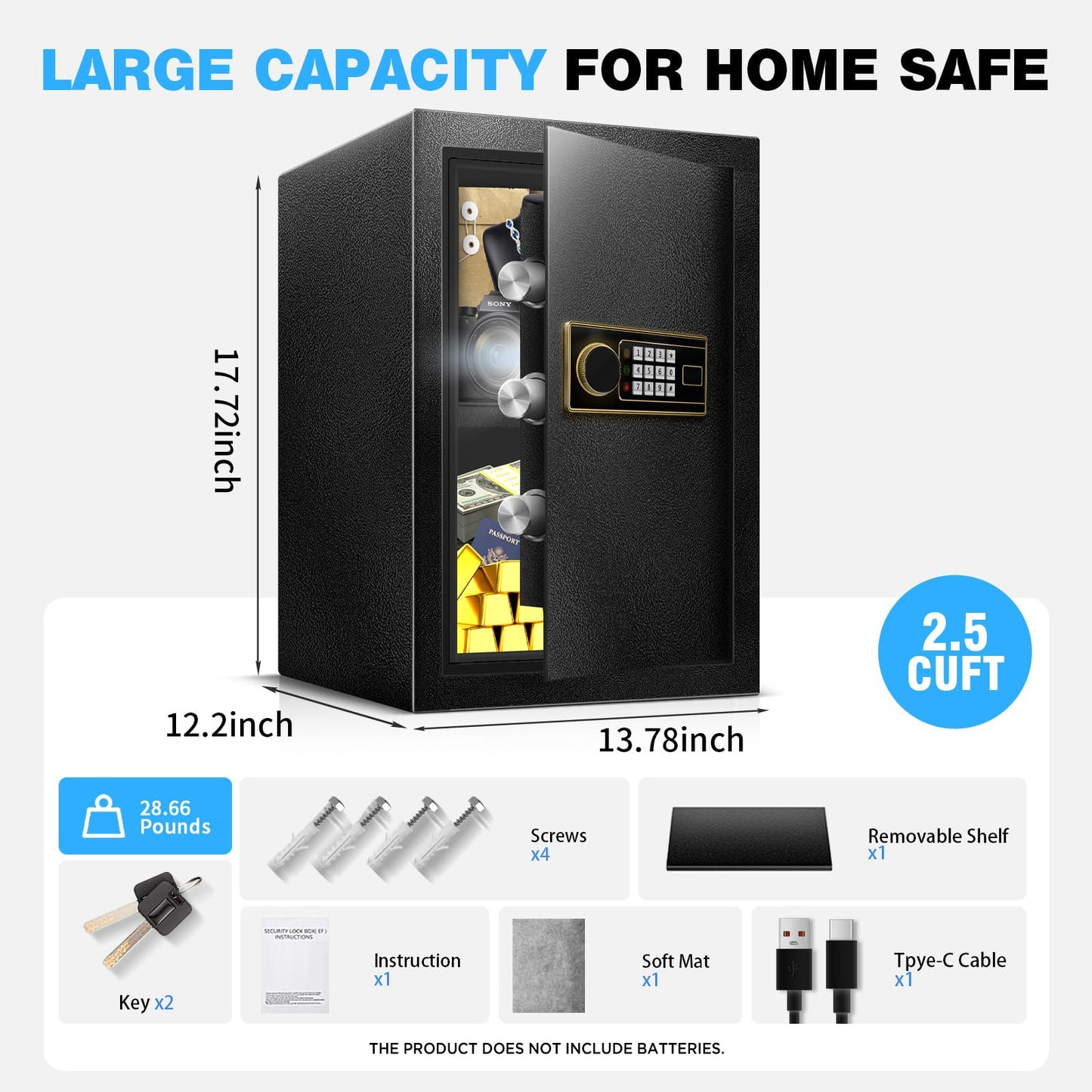 Fdsutvit 2.2 Cu Ft Safe Box for Home - Steel Lock Box for Office & Home Security, Digital Electronic Keypad, Alarm System & Removable Shelf, Safety Box for Documents Money Jewelry Gun Laptop