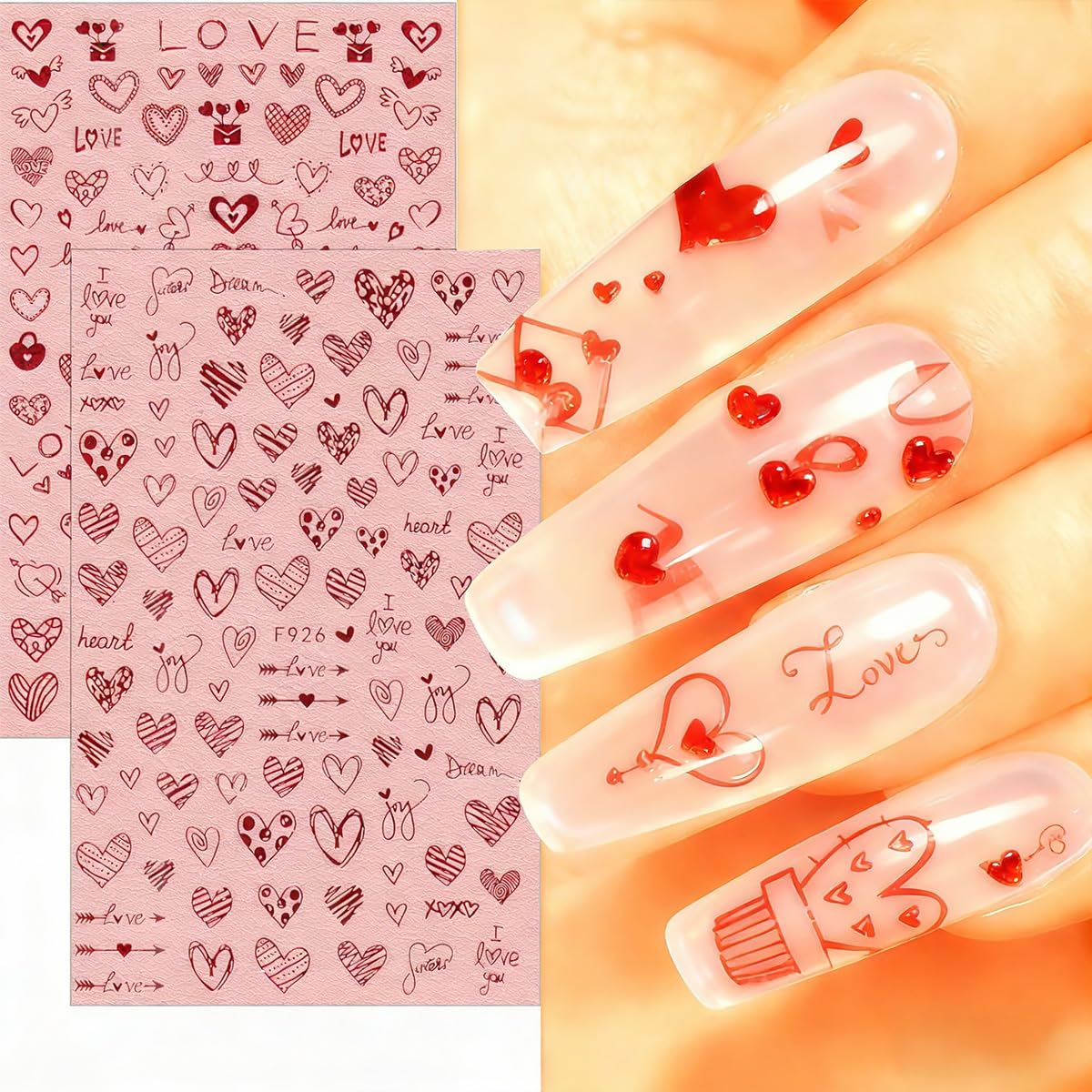 4 Sheets Valentines Nail Art Stickers Romantic Love Heart Nail Decals Glitter Laser Red Design Nail Stickers 3D Self-Adhesive Valentine's Holiday Nail Art Supplies for Women DIY Manicure Decoration