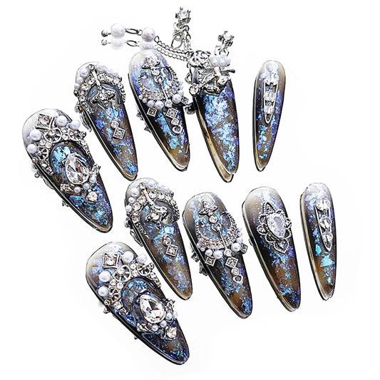Handmade 3D Steampunk Chain Stiletto Press On Nails, Blue Brown Glitter Luxury Artisan Nails Set, Reusable Glossy Press-ons with Tool Kit(XS)