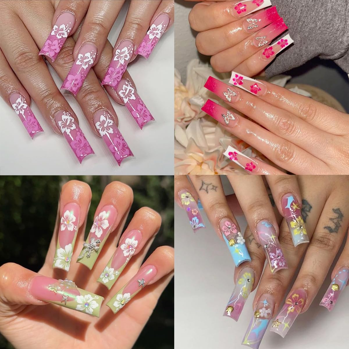 6Pcs Flowers Nail Art Stickers Decals 3D Pink Hibiscus Flower Nail Stickers Rose Gold Silver Yellow White Floral Nail Art Design Decoration Daisy Petals Nail Decals Cute Nail Supplies for Women Girls