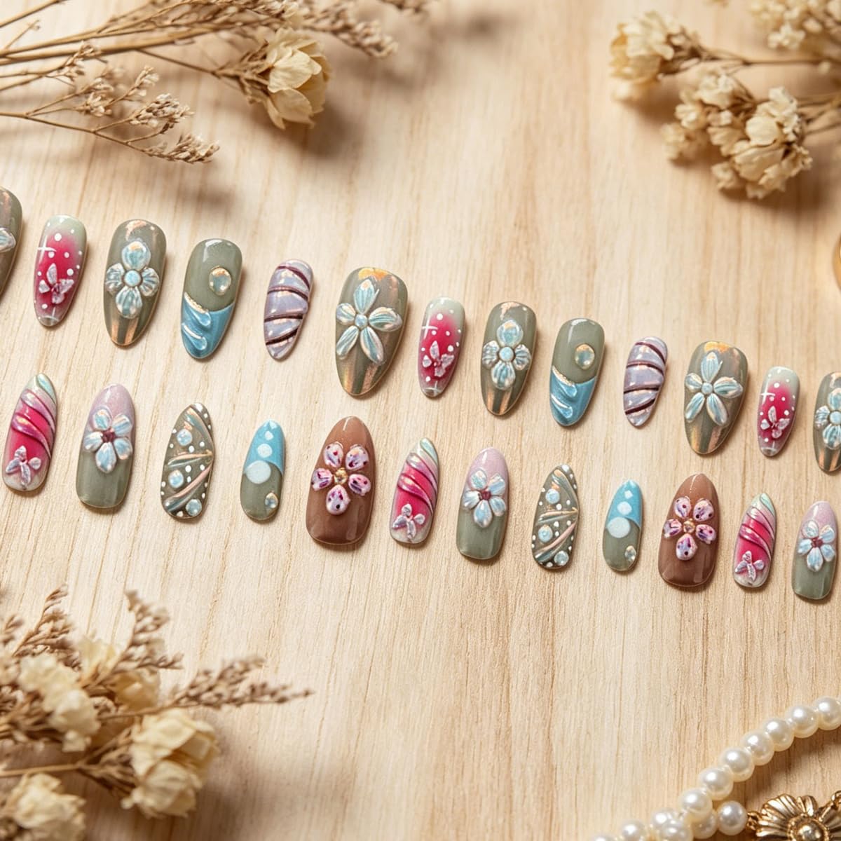 3D Press On Nails Almond Medium French Fake Nails with Cat's Eye Embossed Flower&Butterfly Summer Designs, Acrylic Artificial Nail Press ons False Stick On Nails for Women Girls 30Pcs