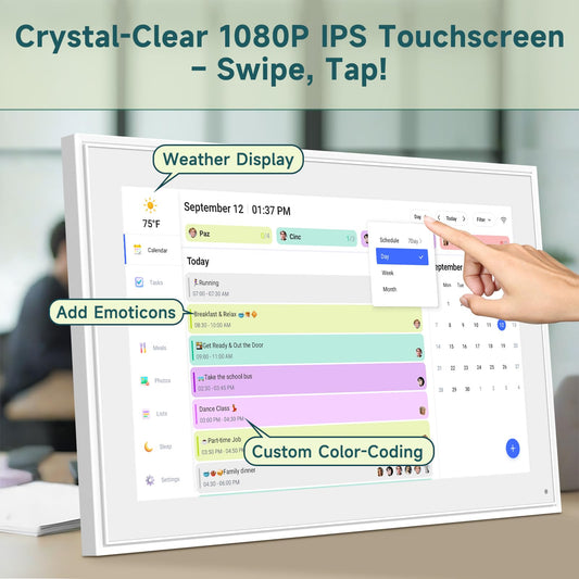 21.5 Inch Digital Wall Calendar – Rewards for Chores! Smart Electronic Family Organizer with Touchscreen, Meal Planner & Photo Frame, Syncs with Google/iCloud, for Wall or Desk, White (New Version)