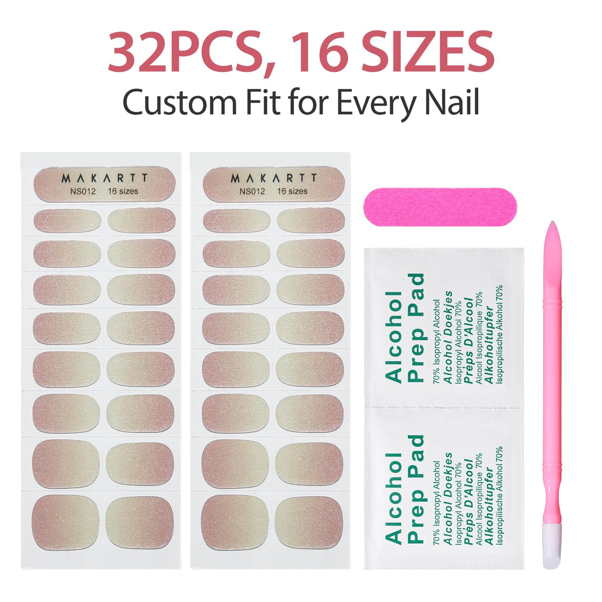 Makartt Semi Cured Gel Nail Strips Kit 2 Packs – Real Gel, Hema & TPO Free, 16 Sizes Anti-Lift Design, UV Required, Long Wear, Dual-Ended Tool & Prep Kit (Nude Fine Glitter)