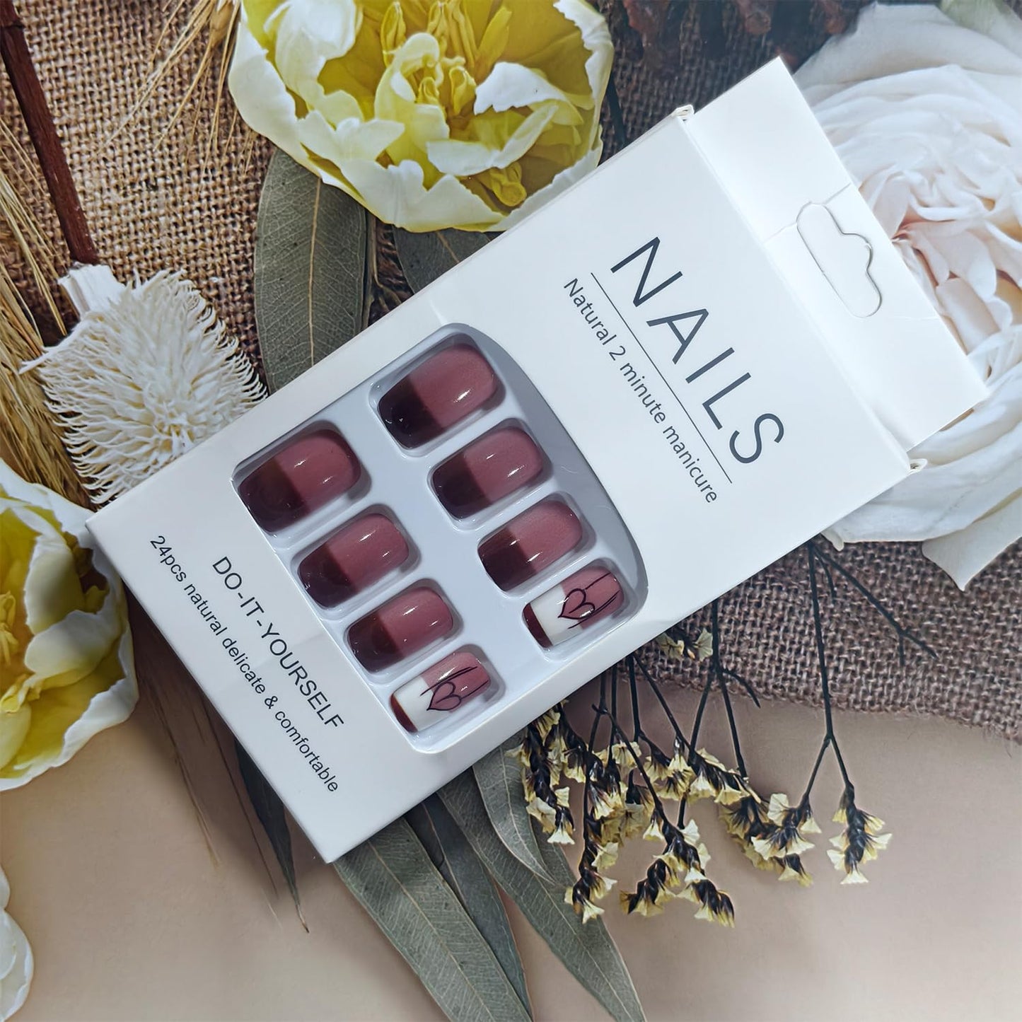 Valentines Press on Nails Medium Square French Tip Fake Nails Translucent Love Design Artificial Acrylic Full Cover Glossy Heart Stick on Nail Artificial Fingernails for Women Festival Manicure 24Pcs