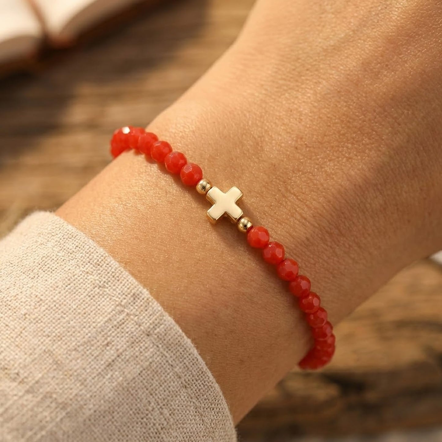 Opalencian Red Crystal Beads Drawstring Bracelet for Women,Gold Plated Cross Bracelets Charm Beads Good Luck Handmade Fashion Jewelry Gifts