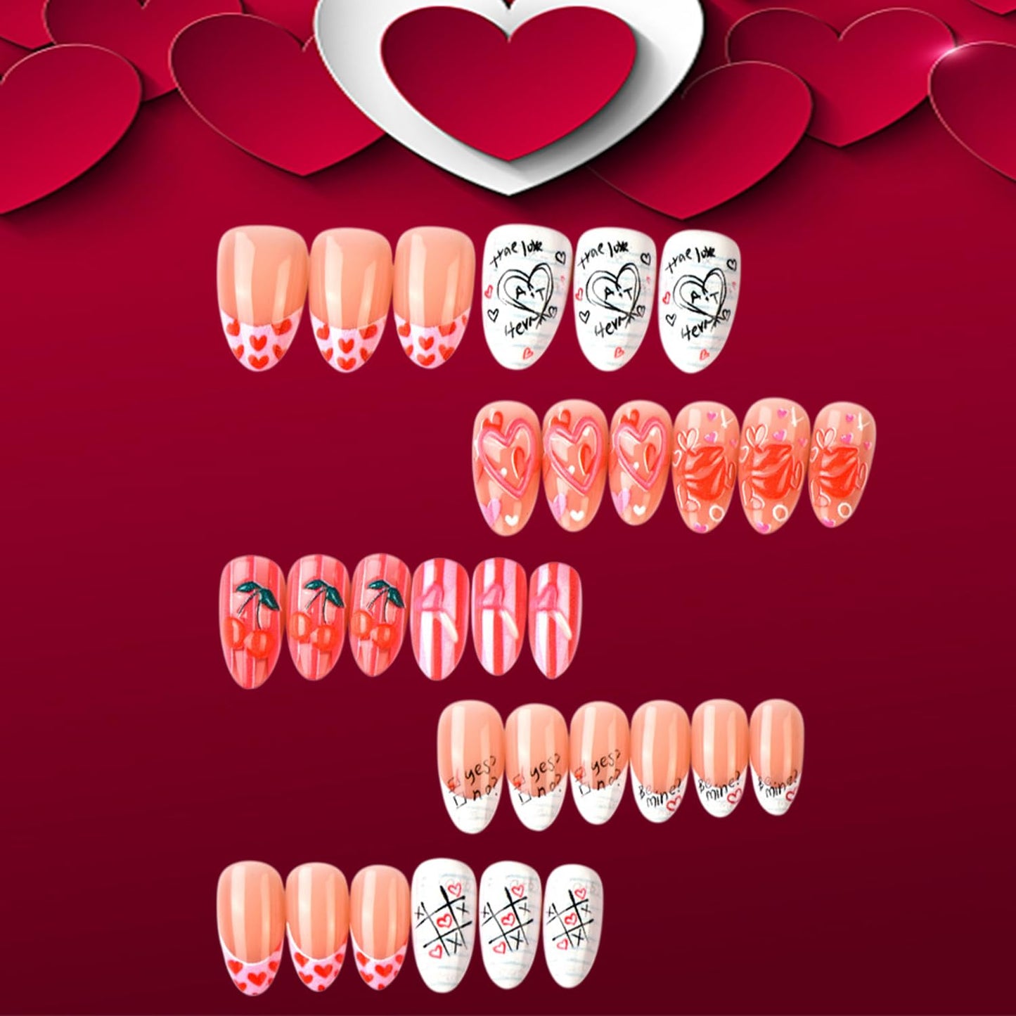 30Pcs Valentines Press on Nails Short Artificial Almond Acrylic Fake Nails French 3D Translucent Love Stick on Nail Full Cover Love Reusable Coffin Artificial Fingernails for Women Festival Manicure