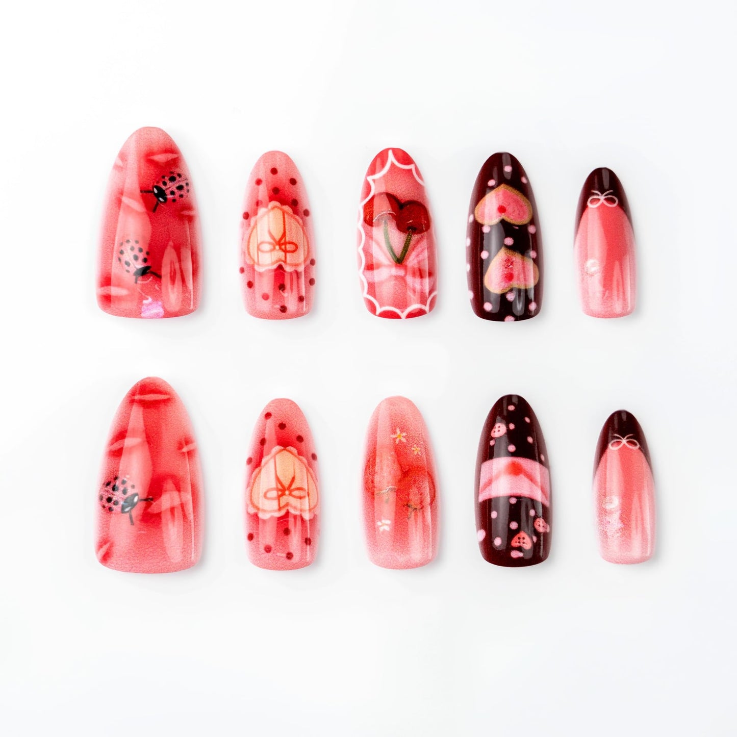 BABALAL Press on Nails Medium Almond Fake Nails Pink Strawberry Glue on Sweet Heart Bow Lips Art False Acrylic Nails Y2k 24Pcs Valentines Custom Stiletto Full Cover for Women Girls
