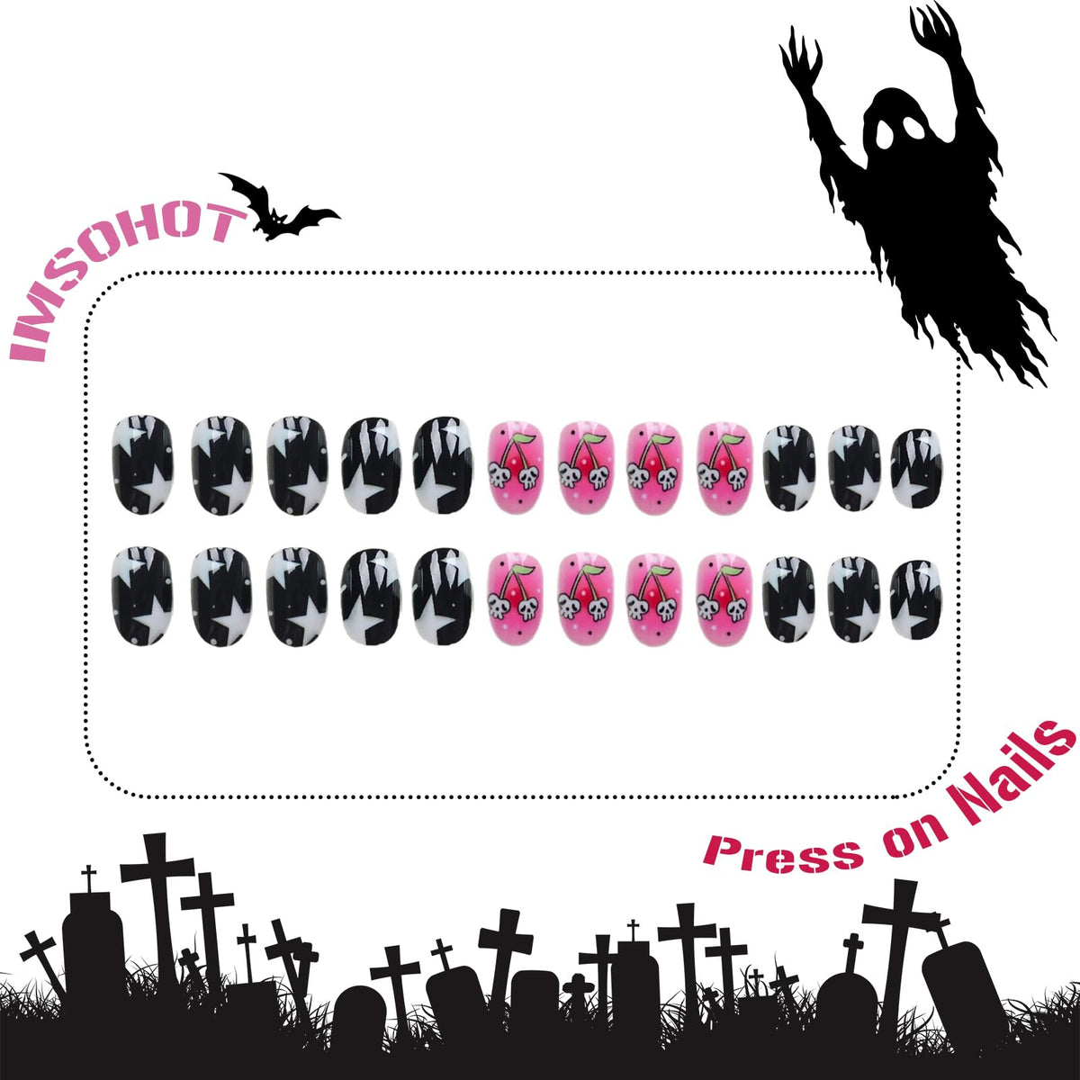 IMSOHOT Halloween Press on Nails - Short Oval Fake Nails, Pink Black, Cute Ghost Cherry Designs, Full Cover Round Acrylic False Nails for Women Girls 24Pcs