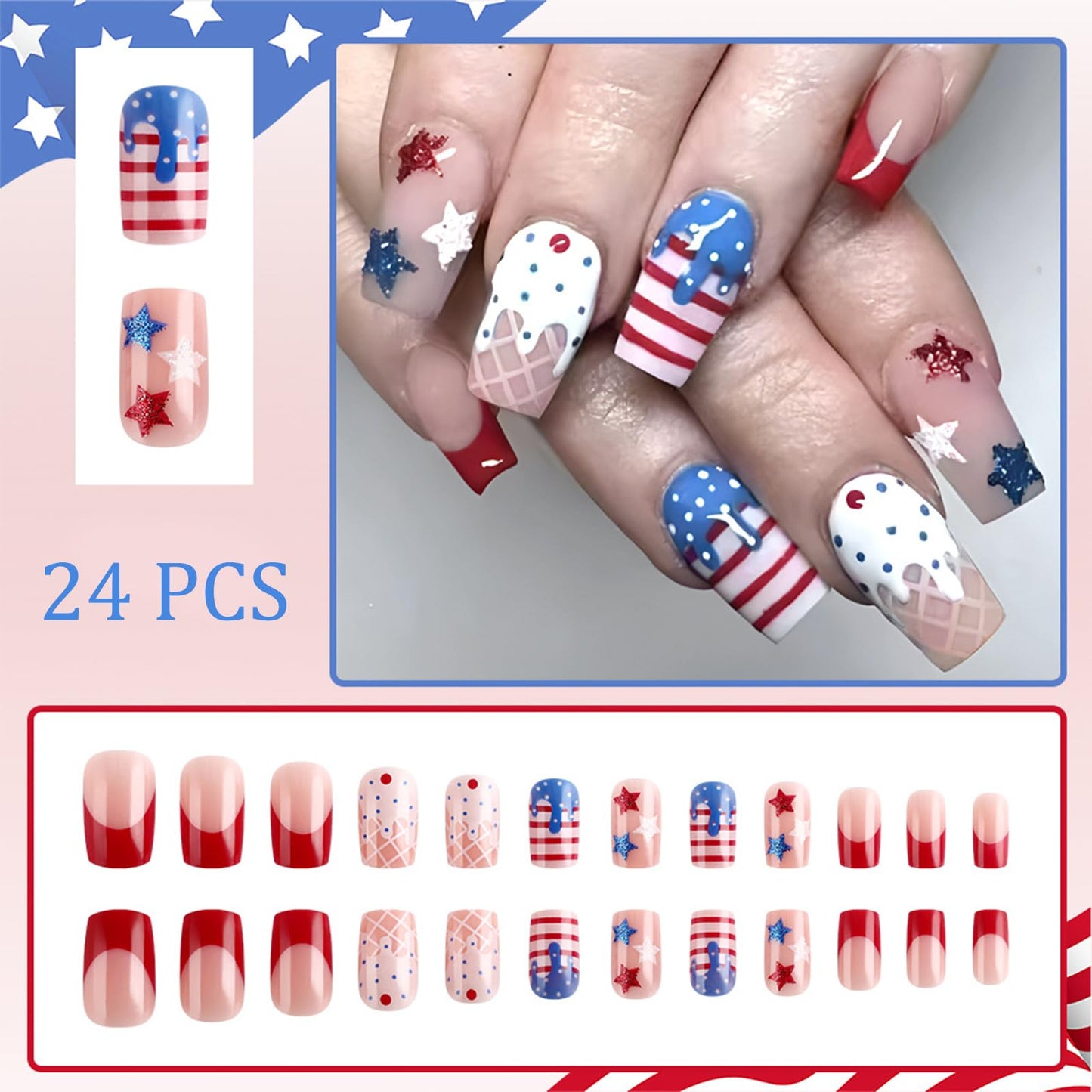 4th of July French Tips Press on Nails Medium Square Fake Nails Independence Day Glitter Stars False Nails Full Cover Glossy for Women Summer Patriotic Ice Cream Manicure Decoration 24Pcs