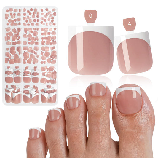 Bellelfin French Press On Toenails For Women with Nail Adhesive Tabs, 150 Pcs White French Tip Toe Nail Press Ons, Short Square Toenail Press On, 15 Sizes Full Cover Acrylic Fake Toe Nails