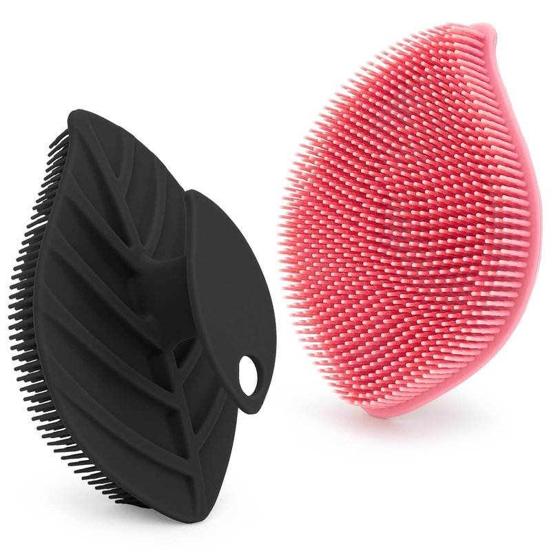 2 Pack Silicone Body Scrubber, Soft Silicone Loofah, Gentle Exfoliating Body Scrubber for Sensitive Skin, Leaf Shaped Shower Scrubbers, Silicone Scrubbers Body Brush for Women Men (Pink & Black)