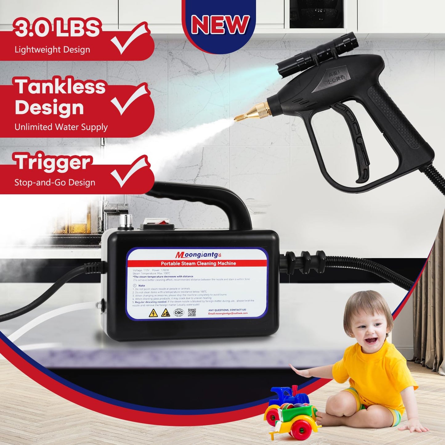 Moongiantgo 1700W High Pressure Steam Cleaner Handheld Portable Instant Steam Cleaning Machinefor Commercial Home USe Kitchen Bathroom Grout Tile Car Detailing (Black, 110V)