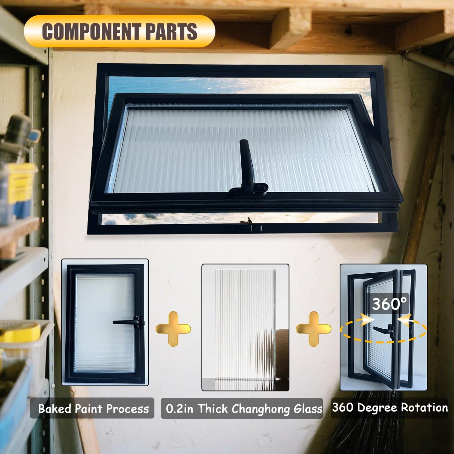 28x24in Windows for houses, 360° Rotation Sliding Window, Flush Mount Rotating Ventilated Windows, Basement Window with Tempered Glass, for Bathroom/Kitchen/Warehouse/Playhouse (Black, 28x24in)