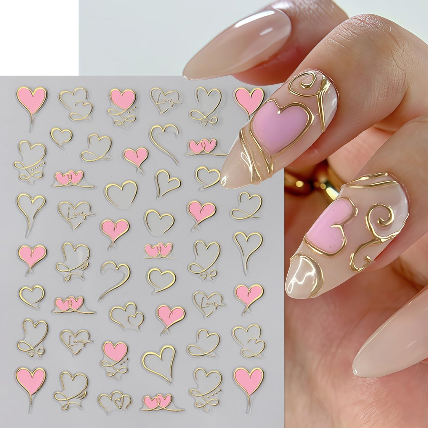 6 Pcs Heart Nail Art Stickers Valentines Day Nail Decals 3D Self Adhesive Hearts Nail Sticker Pink Purple Red Gold Heart Love Design Hollow Heart Nails Supplies Holiday Nail Accessories for Women