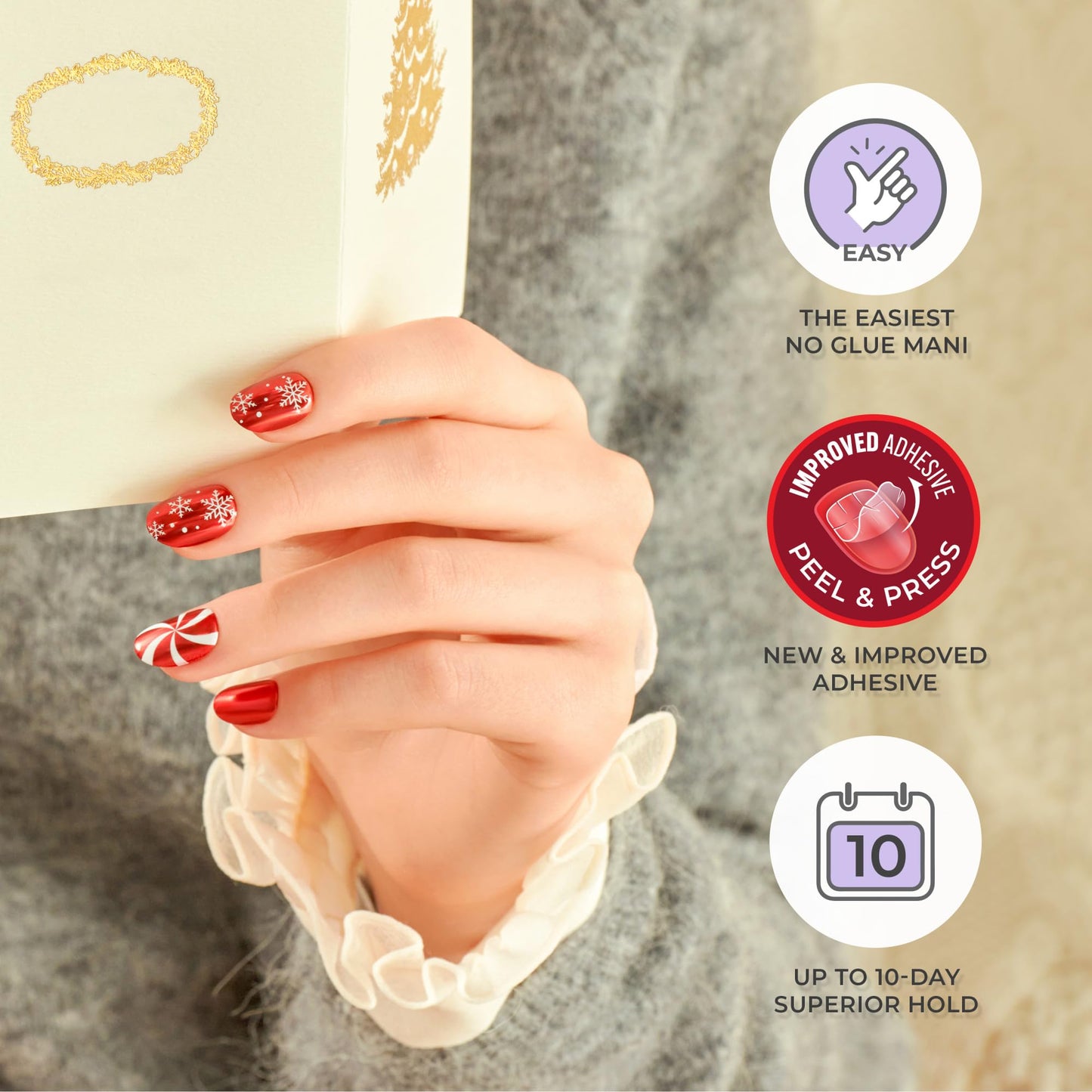 KISS imPRESS Holiday Press On Nails, ‘Mistletoe Kiss’, Brown, Short Squoval, Improved Super Hold Adhesive, 30 Fake Nails, Prep Pad, Mini Nail File, & Manicure Stick