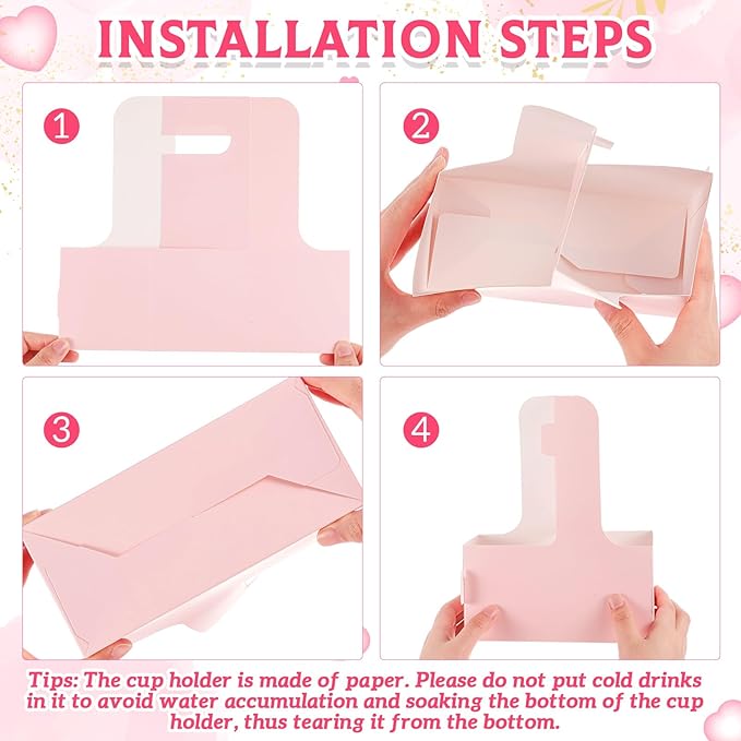 MotiMind 150 Pack Mother's Day 2 Cup Drink Carrier with Handle, Kraft Paperboard Teacher Cup Holder Portable for Hot Cold Drinks, Coffee Carrier Gift with Heart Card Rope (Pink)