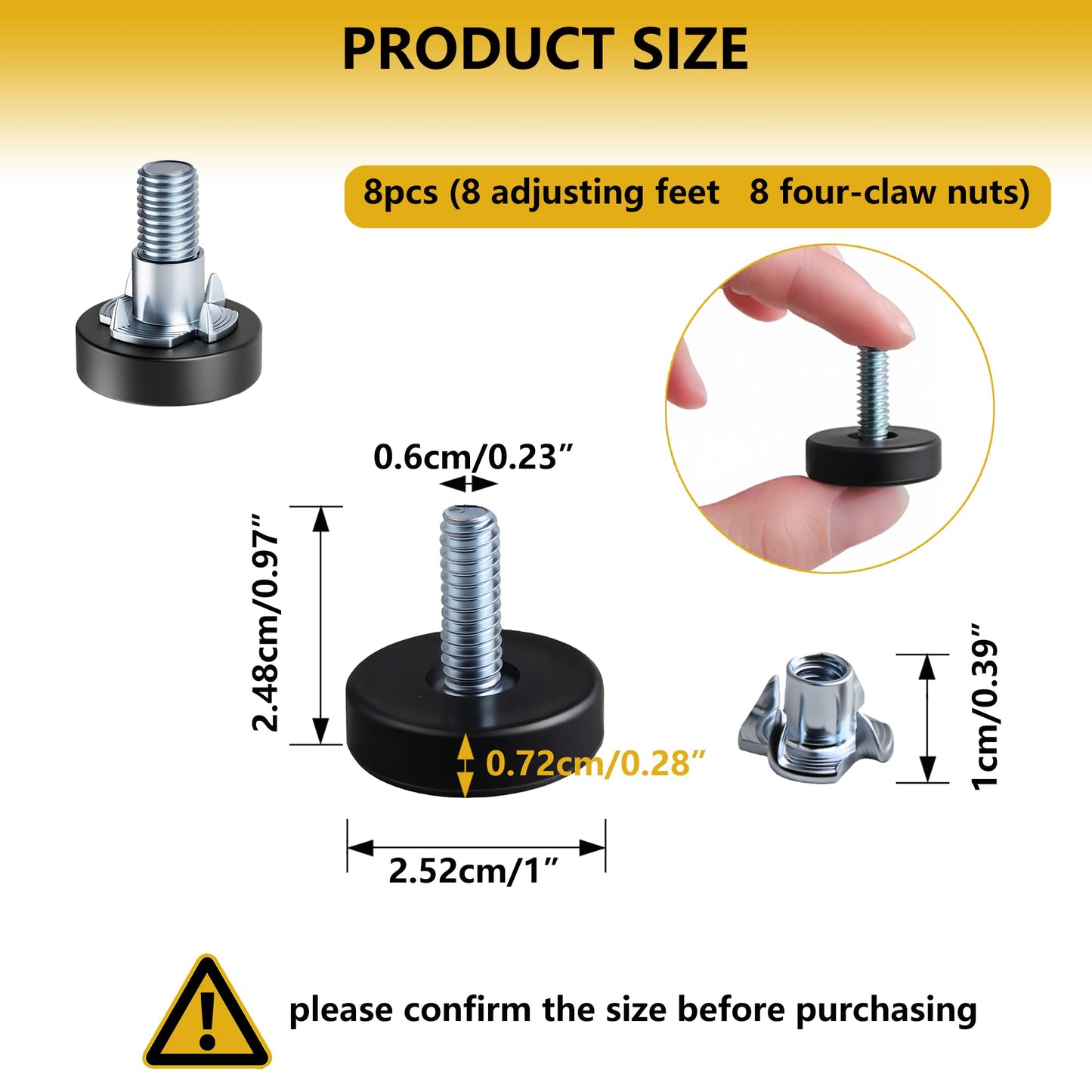8 Pack 1/4" Wire Shelving Rack Thread Leveling Feet Bolt Adjustable Furniture Levelers Screw-in Furniture Feet Adjusters for Garden Chairs Tables Cabinets Bar Stool Stool Cupboard Couch Desk Sofa"
