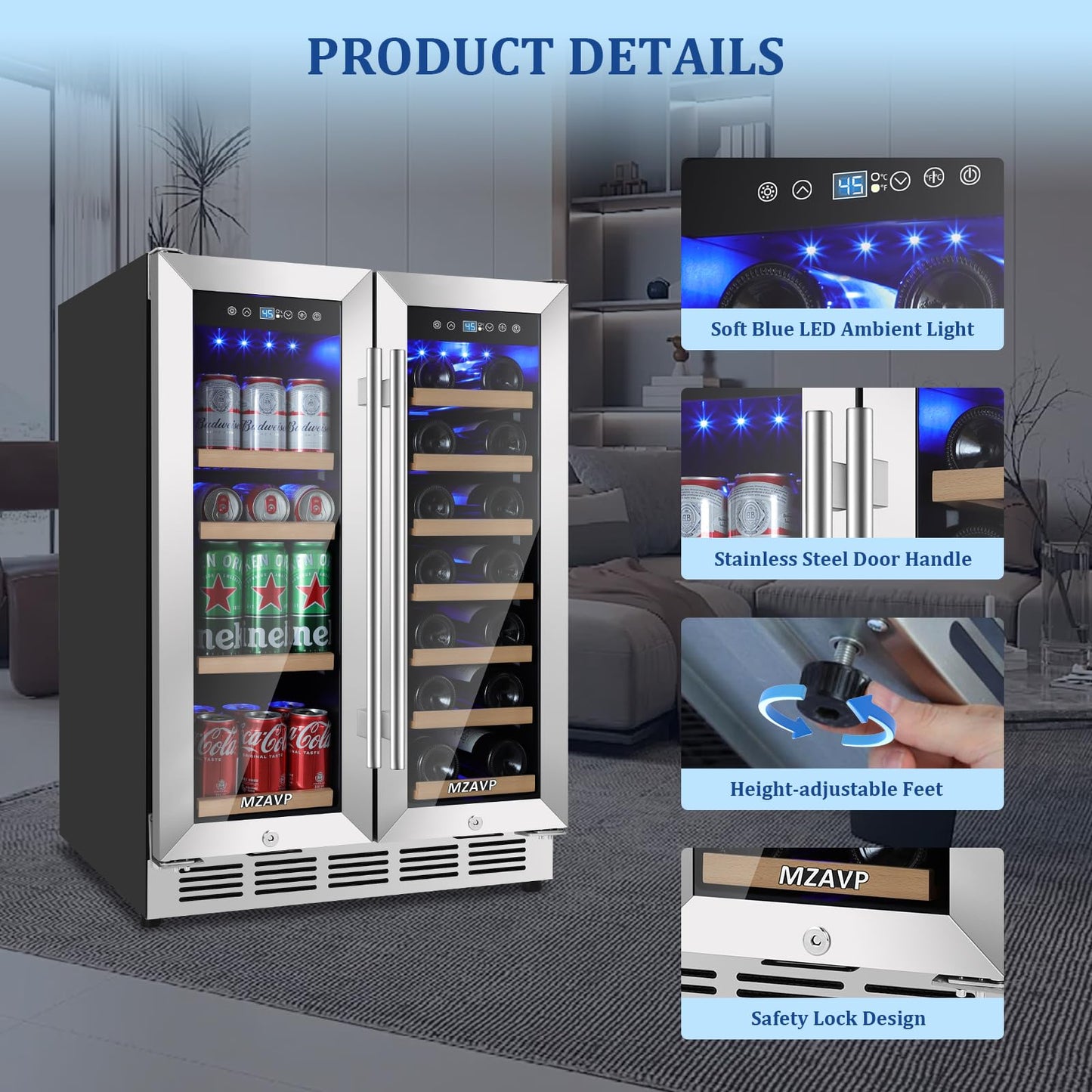 MZAVP 24 Inch Wine and Beverage Refrigerator, Dual Zone Beverage Cooler with Glass Door, Built-In or Freestanding Wine Fridge with Fast Cooling, 20 Bottles and 88 Cans Large Capacity