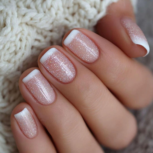 French Tip Press on Nails Short Square Fake Nails with Glitter Designs Nails Press ons Pink White Artificial Nails Simple Stick on Nails for Women 24Pcs