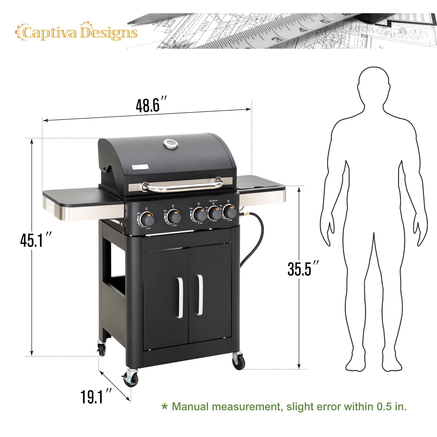 Captiva Designs 4-Burner Propane Gas BBQ Grill with Side Burner & Porcelain-Enameled Cast Iron Grates, 46,700 BTU Output for Outdoor Cooking Kitchen and Patio Backyard Barbecue, Black
