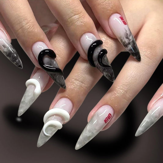 GCSQW Press on Nails Long Stiletto Fake Nails with 3D Snake Designs Halloween Glue on Nails Black Gradient Glossy Acrylic Nails Almond False Nails Stick on Nails for Women 24Pcs